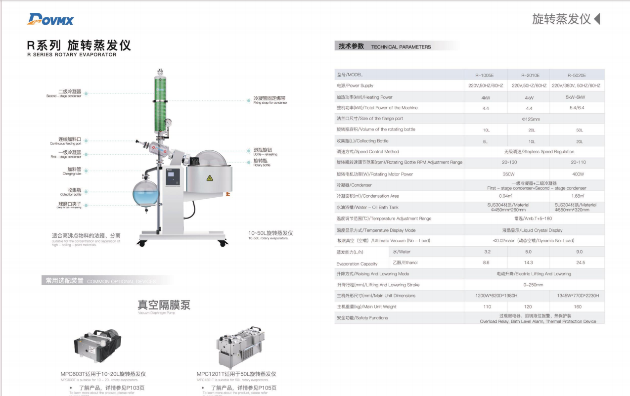 蒸發器參數.png 新款玻璃旋轉蒸發器